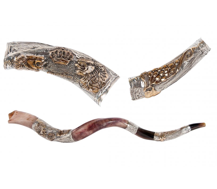 Sterling Silver Decorated Yemenite Shofar - Lion of Judah and Crown