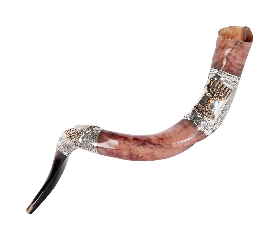 Sterling Silver Decorated Yemenite Shofar - Menorah