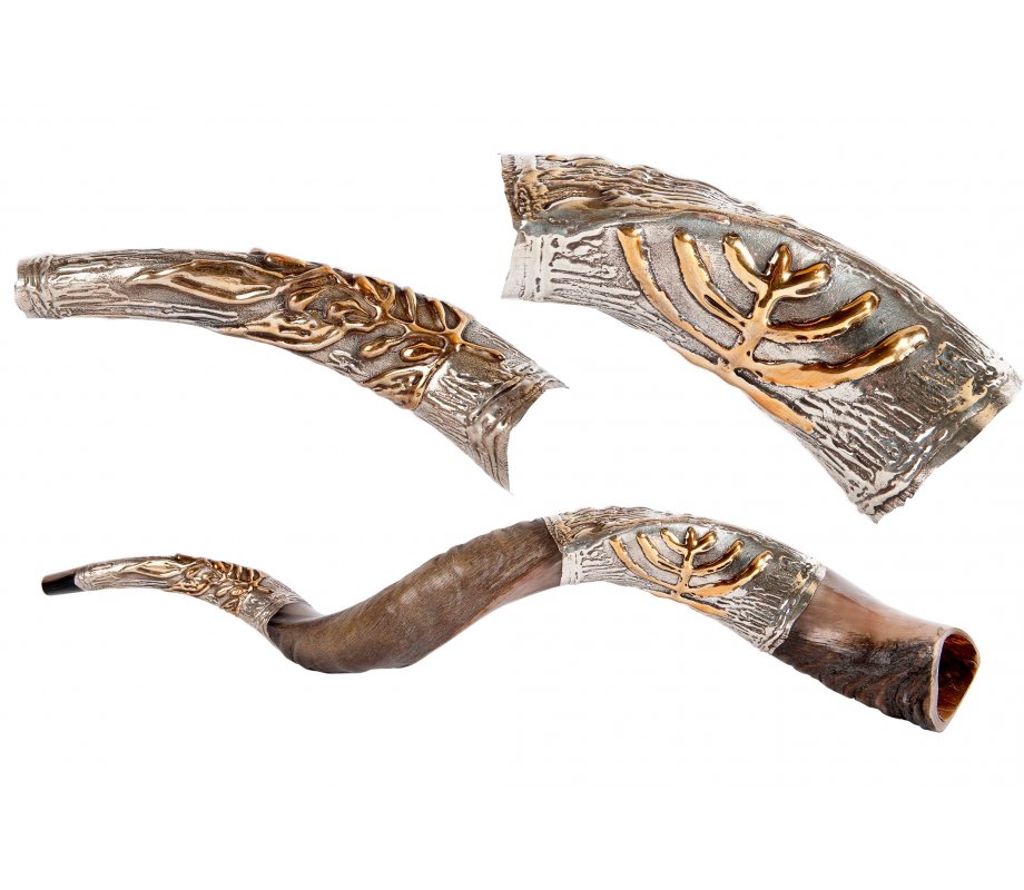 Sterling Silver Decorated Yemenite Shofar -Gold Menorah