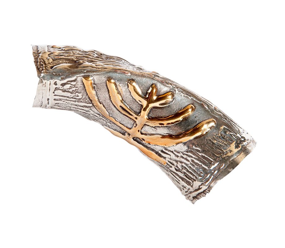 Sterling Silver Decorated Yemenite Shofar -Gold Menorah