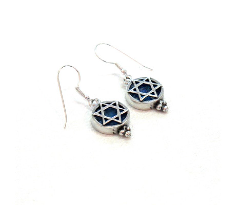 Sterling Silver Drop Earrings with Roman Glass and a Star of David - Michal Kirat
