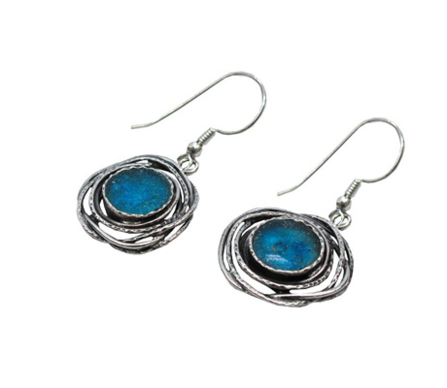 Sterling Silver Earrings with Roman Glass in Round Birds Nest Frame - Michal Kirat