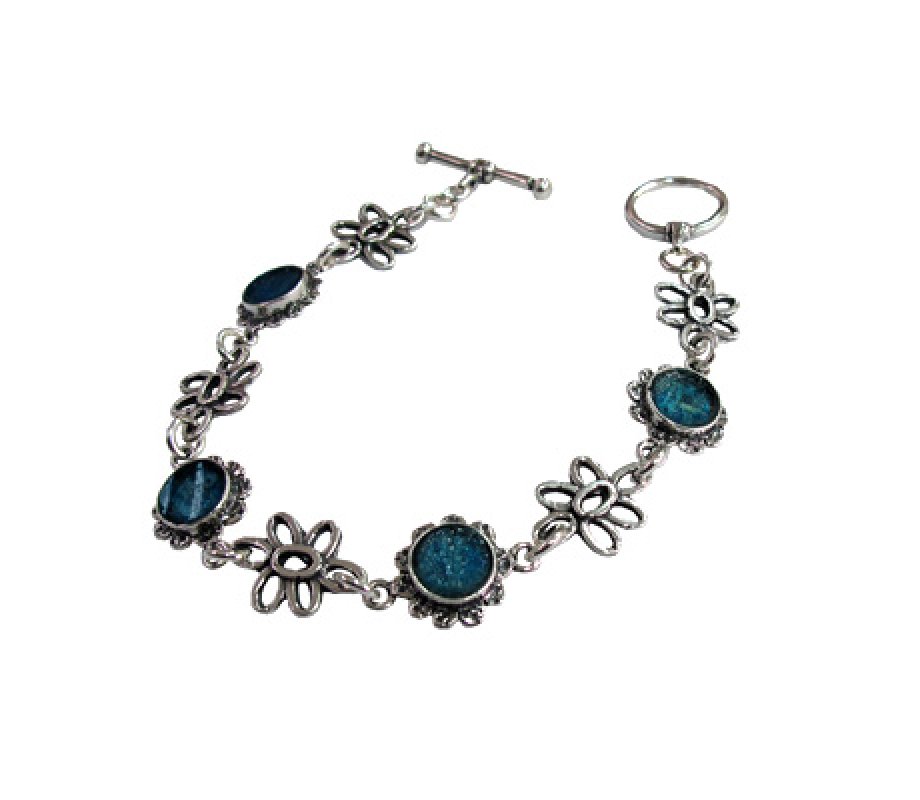 Sterling Silver Floral Bracelet with Roman Glass Decorated Flowers - Michal Kirat