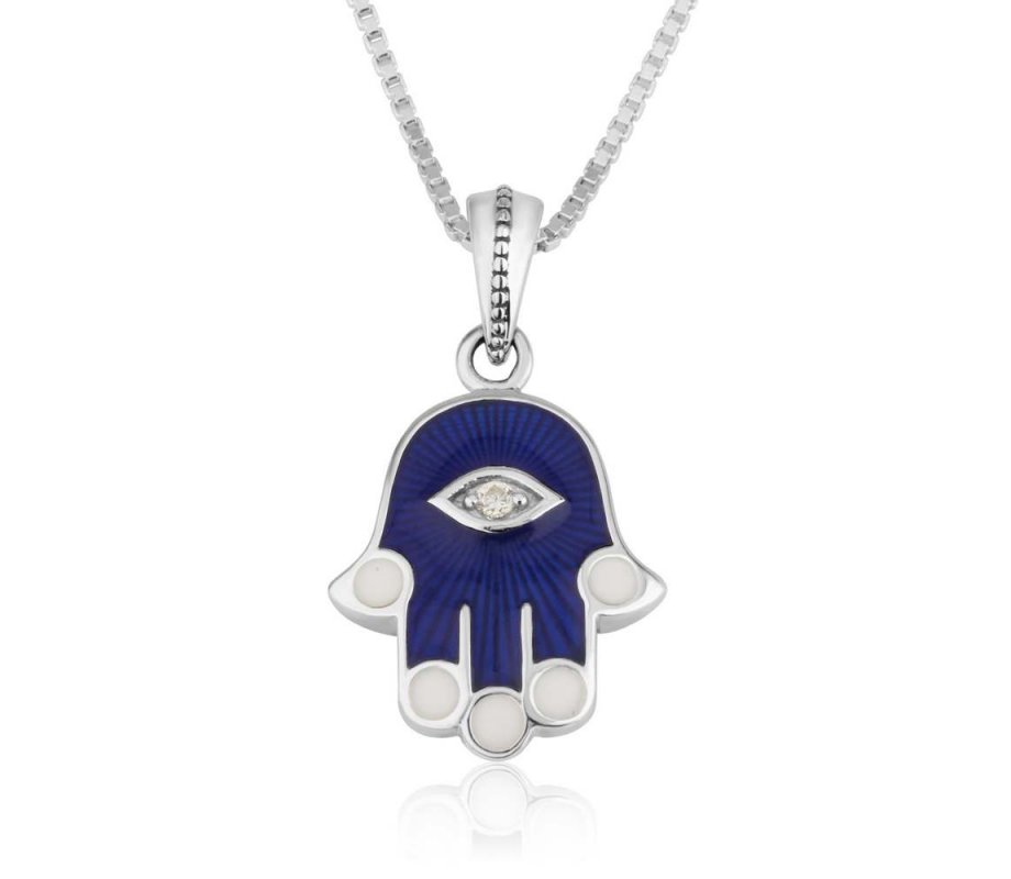 Sterling Silver Hamsa Pendant Necklace – Blue Sapphire with Zircon Protective Eye