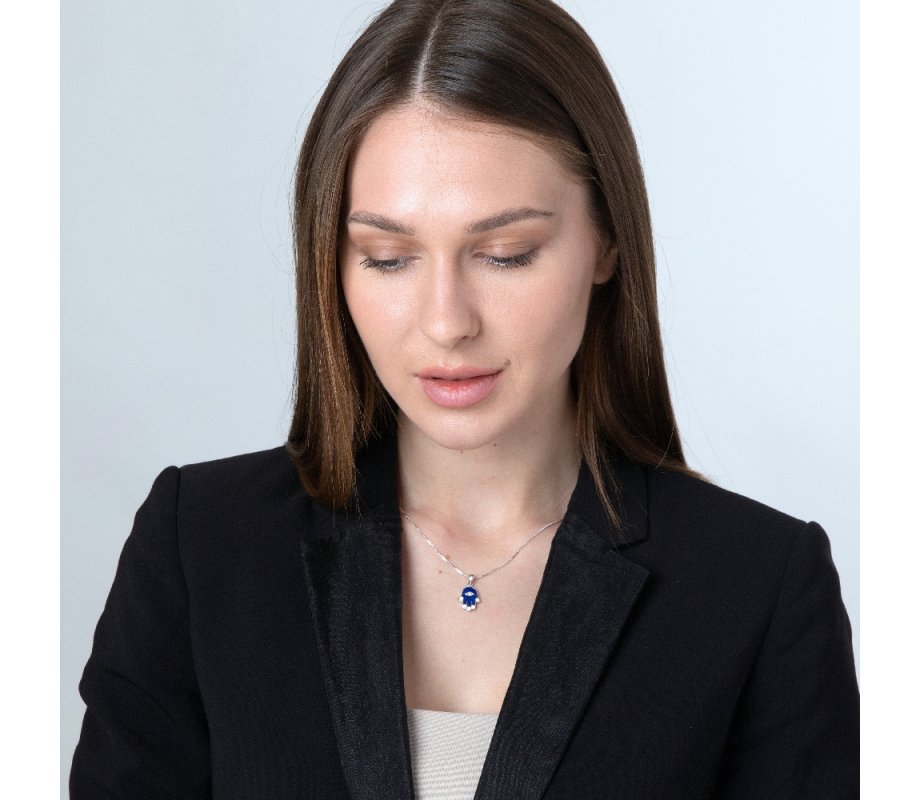 Sterling Silver Hamsa Pendant Necklace – Blue Sapphire with Zircon Protective Eye