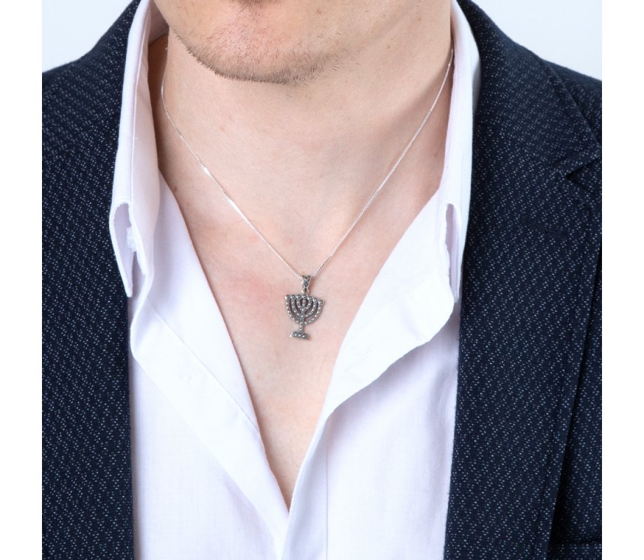 Sterling Silver Necklace – Seven Branch Temple Menorah Pendant – Bead Artwork Design