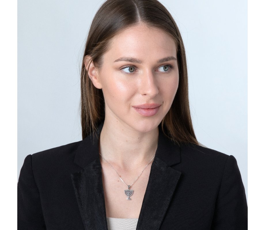 Sterling Silver Necklace – Seven Branch Temple Menorah Pendant – Bead Artwork Design