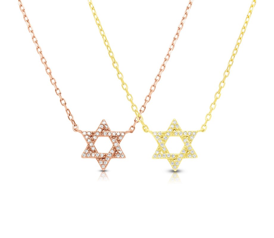 Sterling Silver Necklace, Plated with Rose Gold - Star of David Pendant with Zircons
