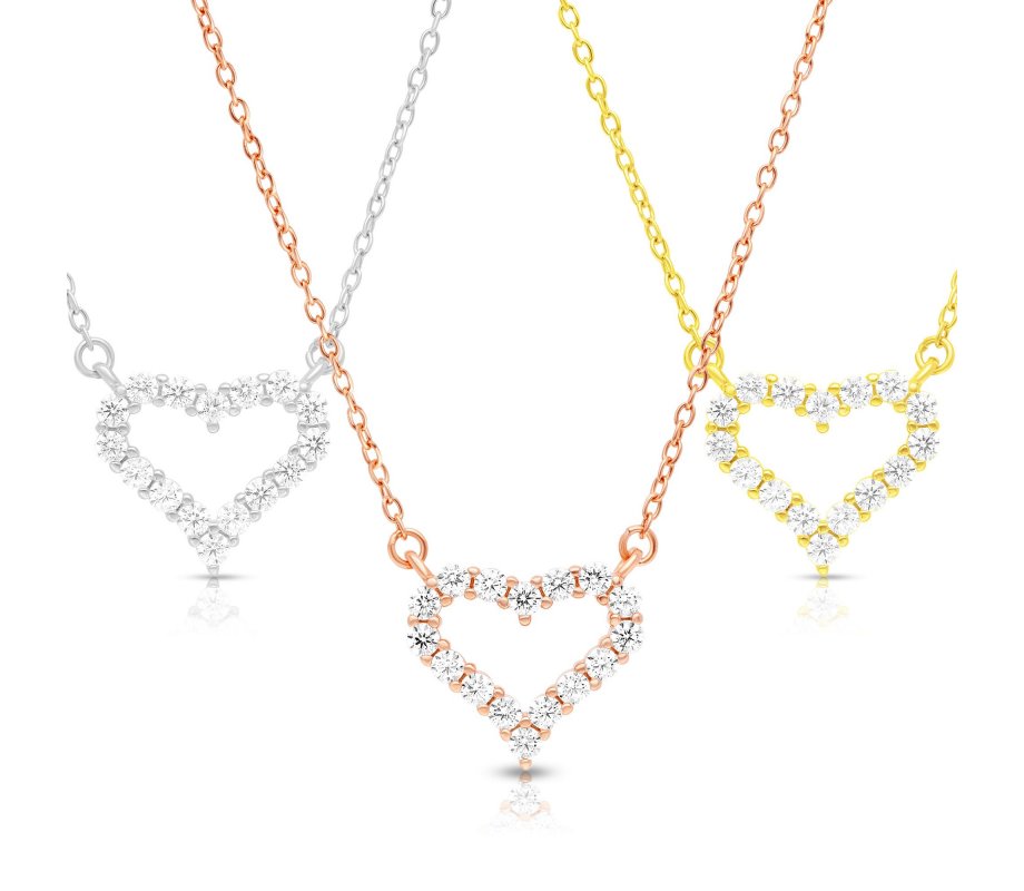 Sterling Silver Necklace with Zircon Heart Pendant – In Yellow, Rose Gold or Silver