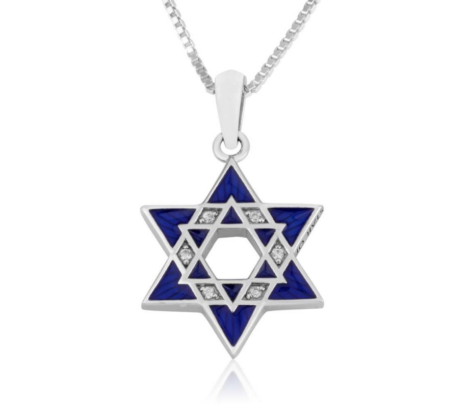 Sterling Silver Pendant Necklace, Double Star of David – Blue Enamel and Crystals