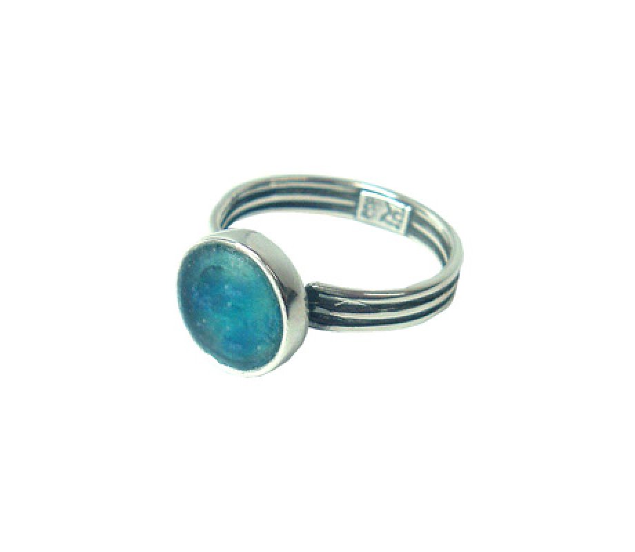 Sterling Silver Ring, Small Round Roman Glass in Smooth Silver Frame - Michal Kirat