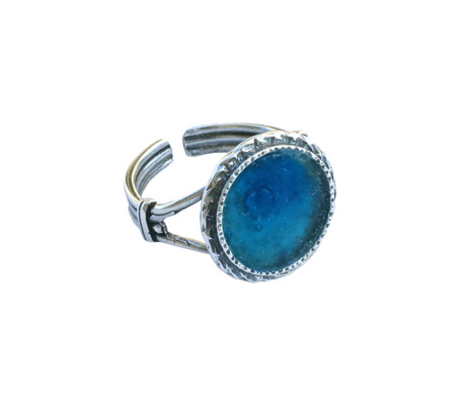 Sterling Silver Ring, Textured with Roman Glass Crown, Adjustable Band - Michal Kirat