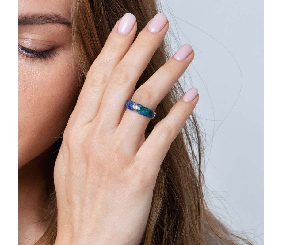 Sterling Silver Ring with Eilat Stone and Decorative Diagonal Stripe