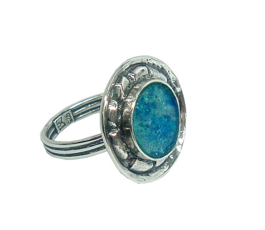 Sterling Silver Ring with Roman Glass Center Set in a Decorative Frame - Michal Kirat