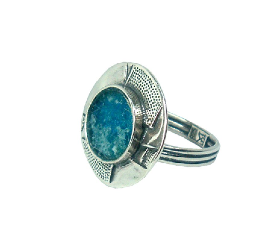 Sterling Silver Ring with Roman Glass Center and Hand Engraved Frame - Michal Kirat