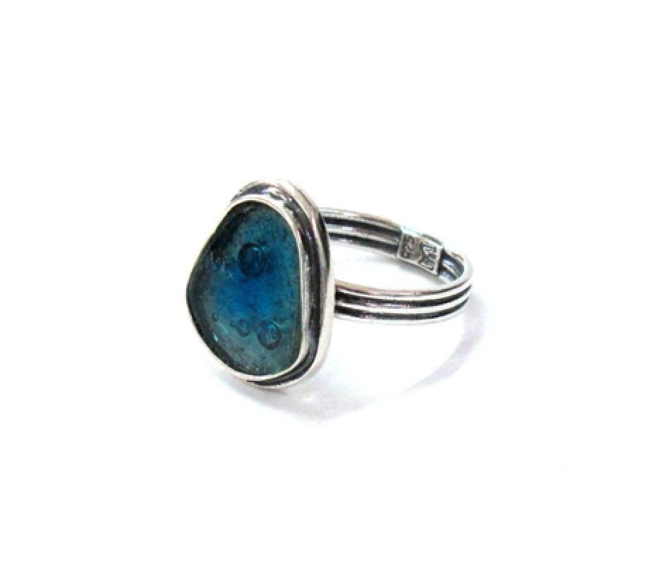Sterling Silver Ring with Shield Shape Roman Glass, Adjustable Band - Michal Kirat