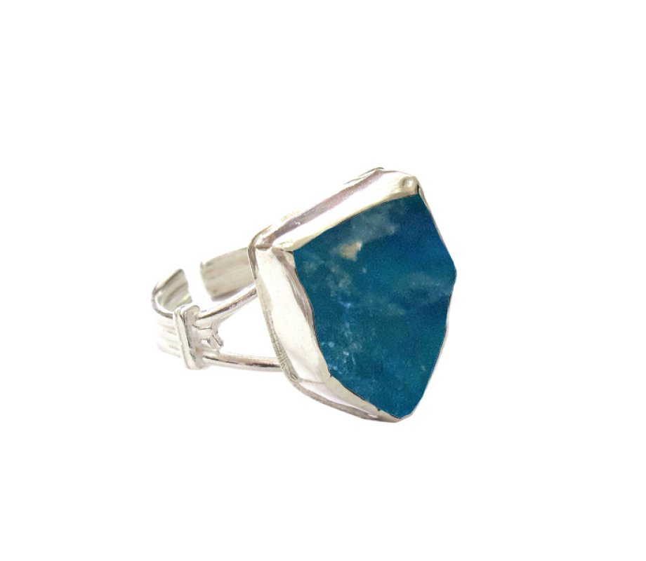 Sterling Silver Ring with Shield Shaped Roman Glass and Adjustable Band - Michal Kirat