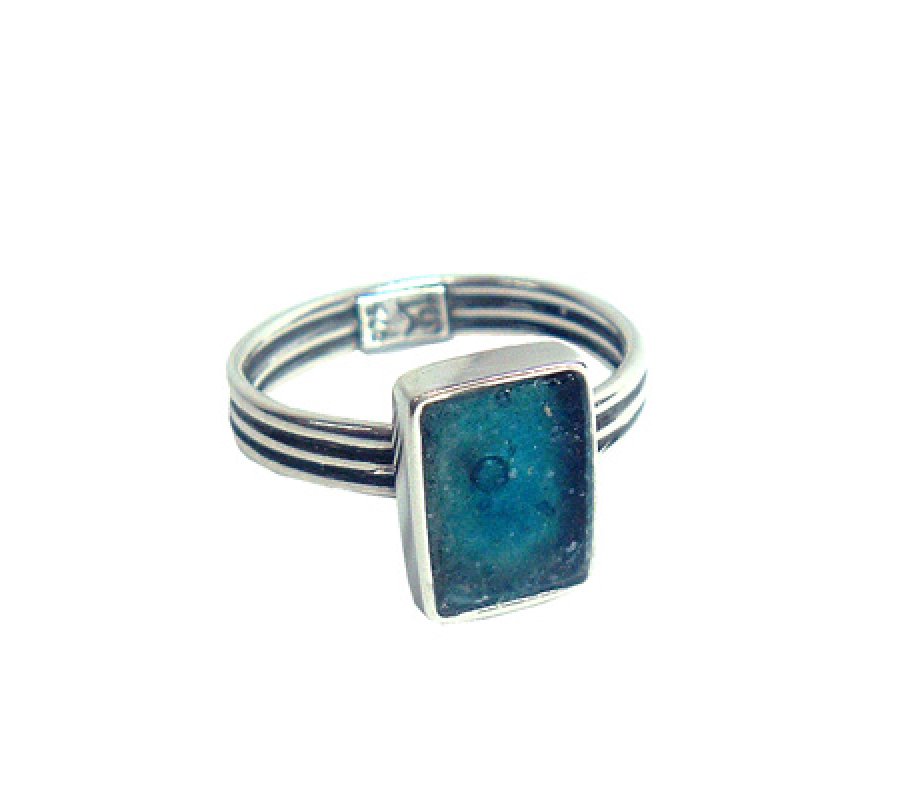 Sterling Silver Ring with Small Roman Glass Stone and Adjustable Band, Michal Kirat