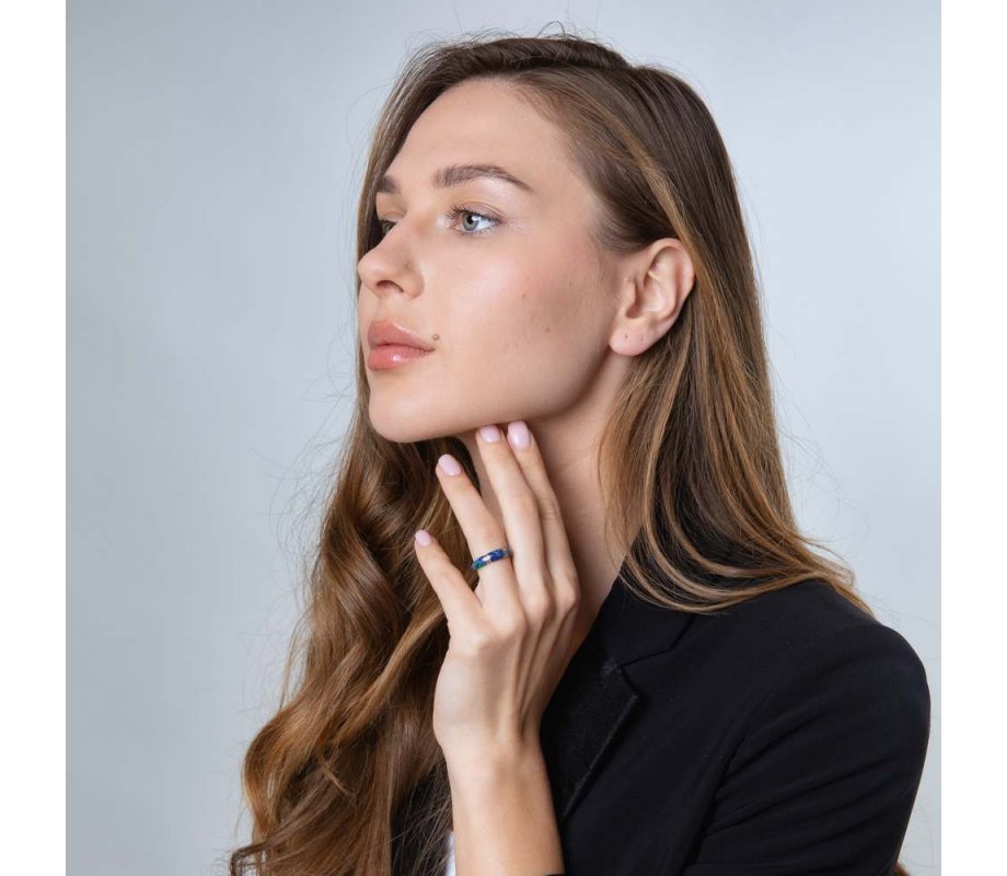 Sterling Silver Rounded Ring, Eilat Stone Two Decorative Stripes