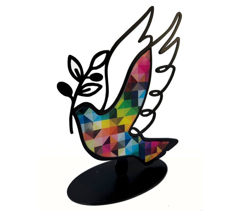 Table or Shelf Sculpture, Colorful Dove of Peace with Olive Leaf - Iris Design