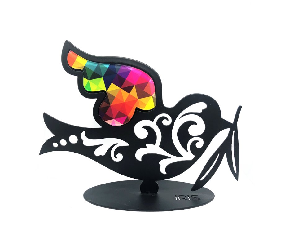 Table or Shelf Sculpture, Colorful Dove of Peace with Olive Leaf - Iris Design