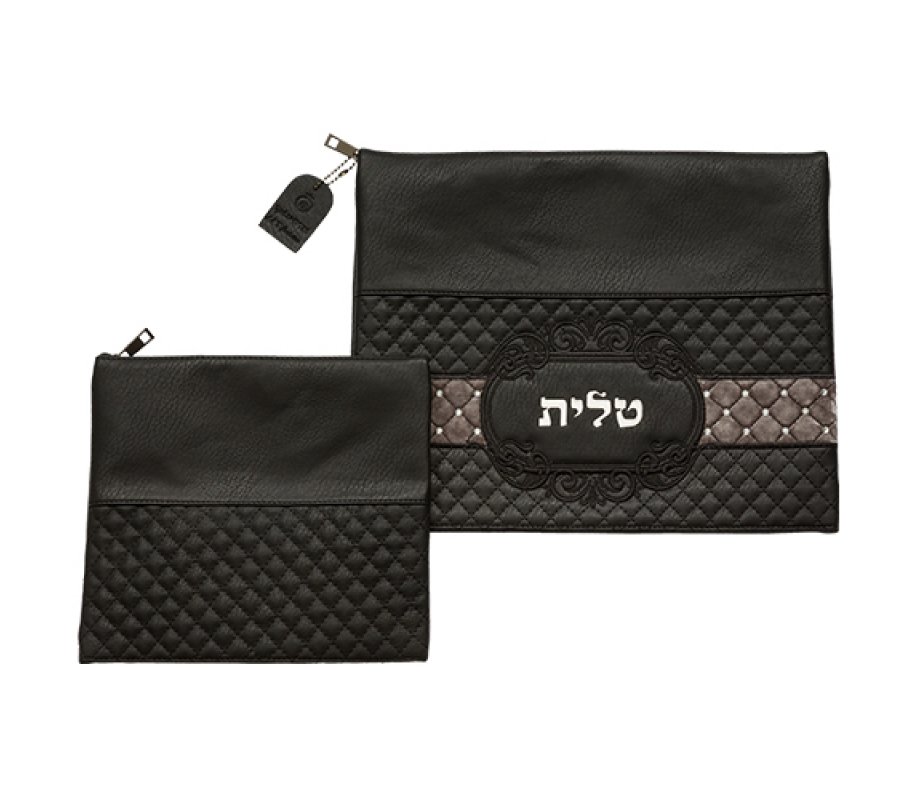 Tallit & Tefillin Bag Set, Diamond Design & Silver Embossed – Black Faux Leather