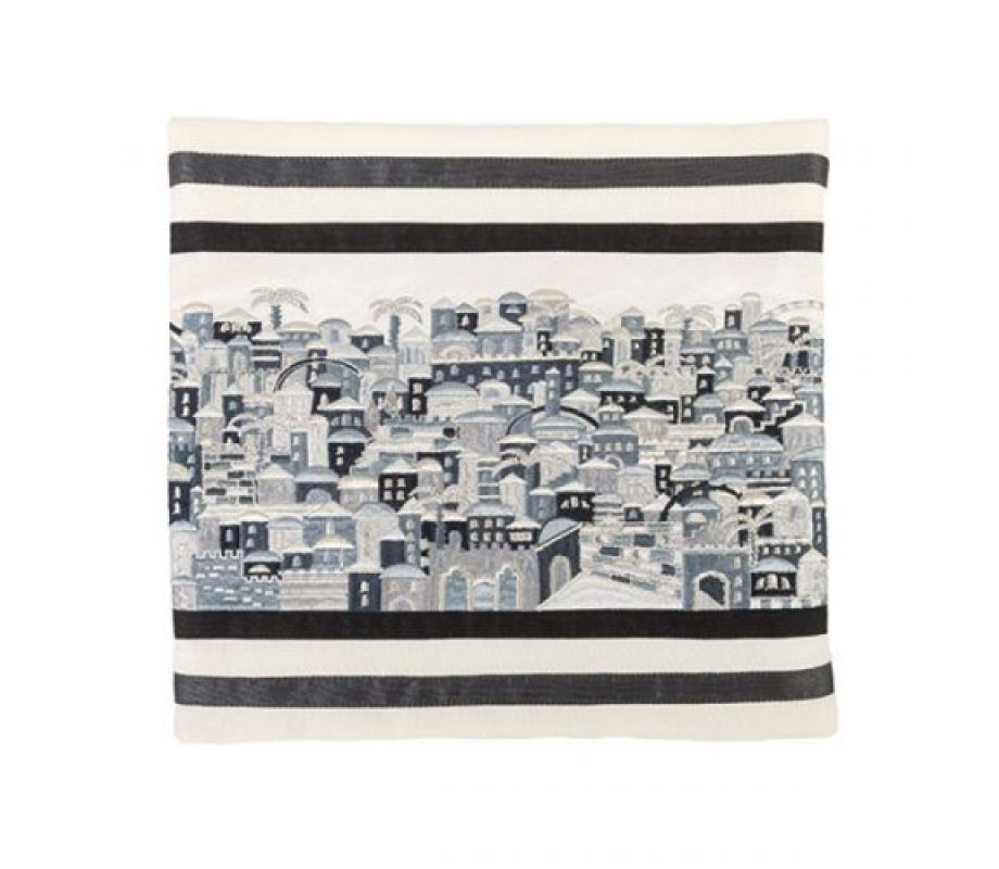 Tallit Bag Embroidered with Panoramic Jerusalem, Black and Gray - Yair Emanuel