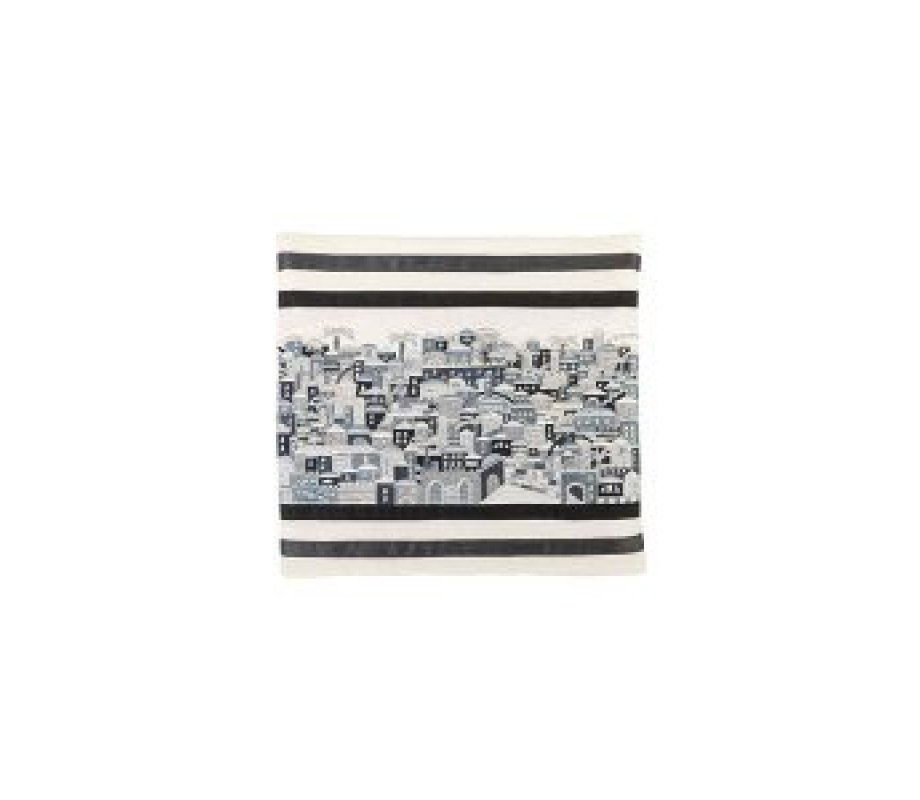 Tallit Bag Embroidered with Panoramic Jerusalem, Black and Gray - Yair Emanuel