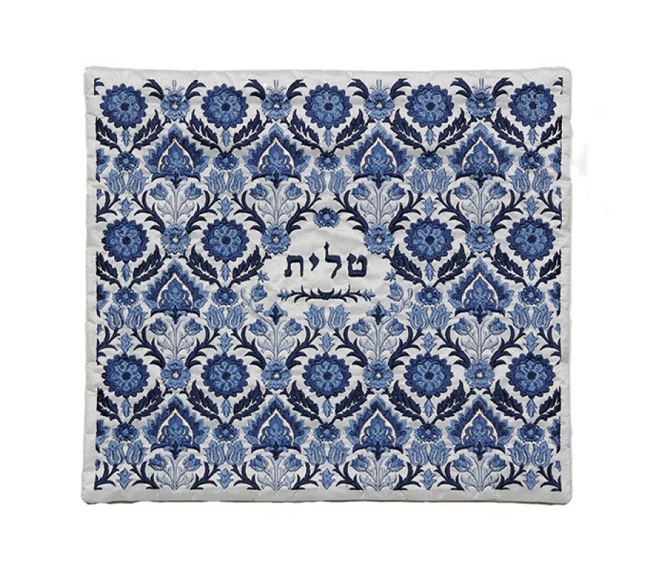 Tallit Kippah and Bag Set, Blue Geometric Floral Design - Yair Emanuel