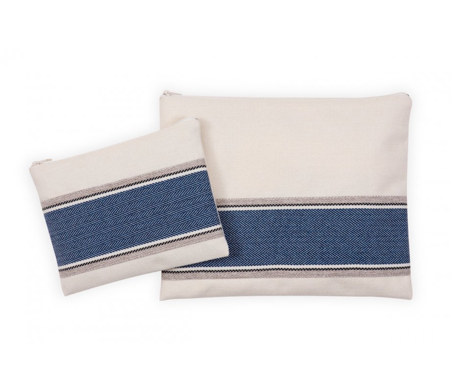 Tallit and Tefillin Bag Set, Blue Herringbone Design on Off-White - Ronit Gur