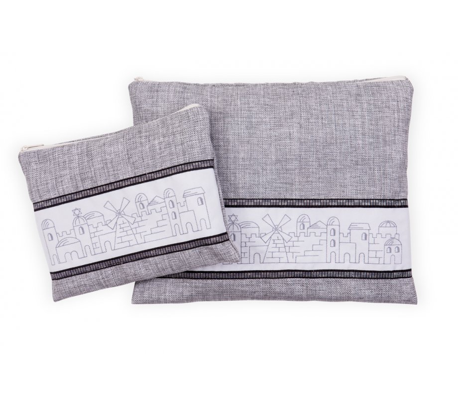 Tallit and Tefillin Bag Set, Gray Embroidered Jerusalem Design - Ronit Gur