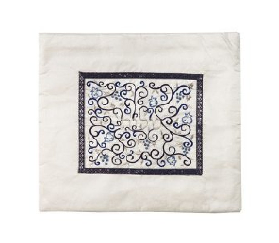 Tallit and Tefillin Bag Set with Embroidered Pomegranate Vines, Blue - Yair Emanuel