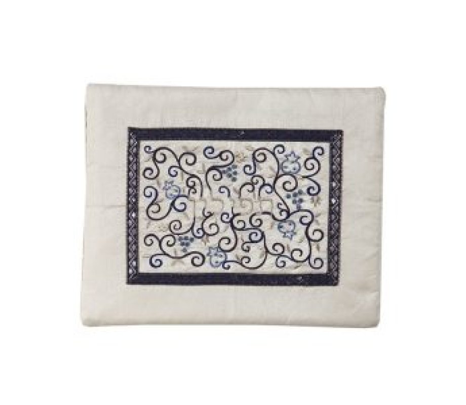 Tallit and Tefillin Bag Set with Embroidered Pomegranate Vines, Blue - Yair Emanuel