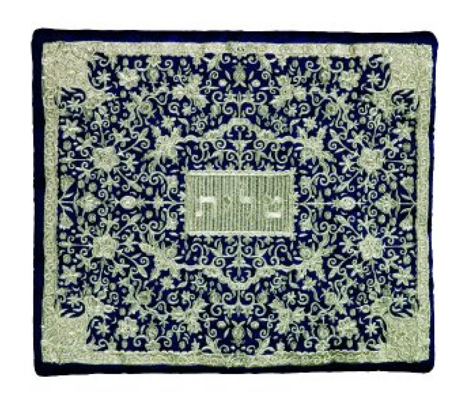 Tallit and Tefillin Bag with Full Embroidery, Silver and Blue Flowers - Yair Emanuel