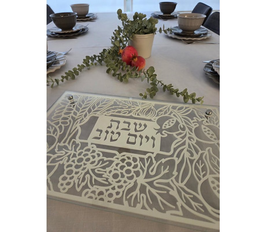 Tempered Glass Challah/Candlestick Tray, 7 Species of Israel Design - Dorit Judaica