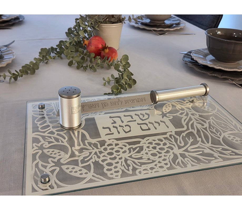 Tempered Glass Challah/Candlestick Tray, 7 Species of Israel Design - Dorit Judaica
