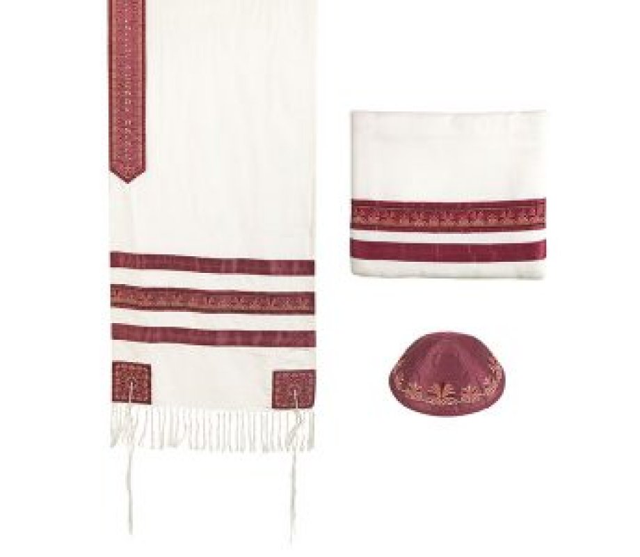 Three-Piece Tallit Bag Set with Embroidered Decorative Stripes, Maroon - Yair Emanuel