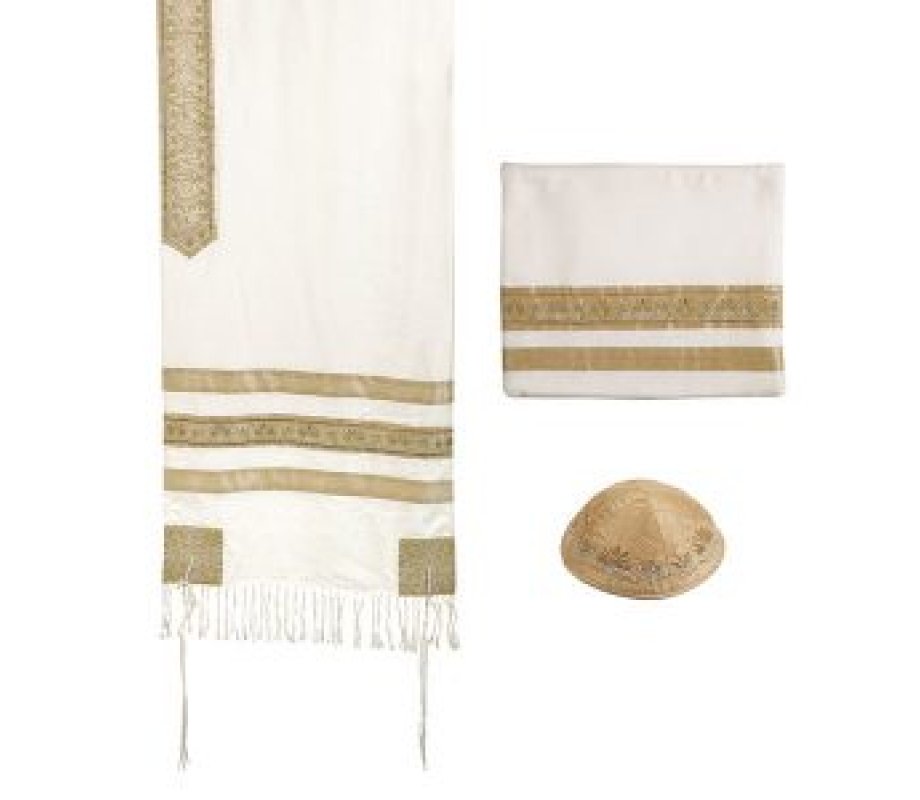 Three-Piece Tallit Set with Decorative Embroidered Gold Stripes - Yair Emanuel