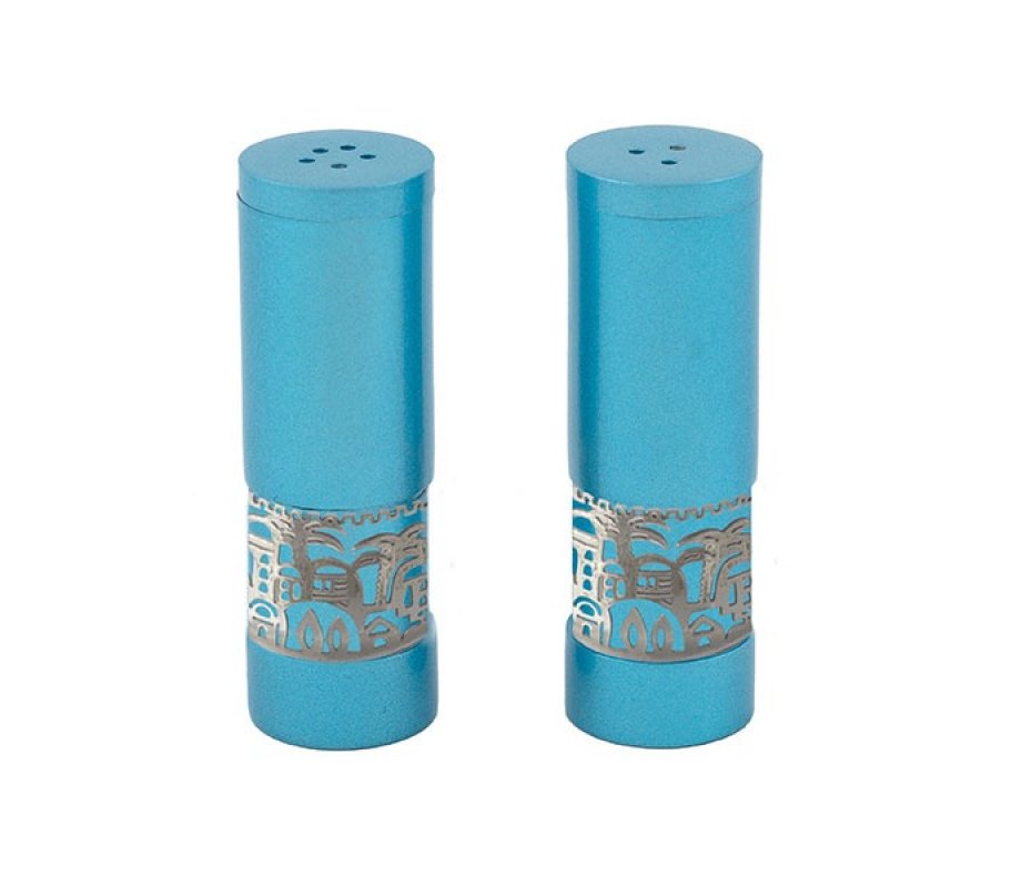 Turquoise Aluminum Salt and Pepper Shaker Set with Ornate Jerusalem Band - Yair Emanuel