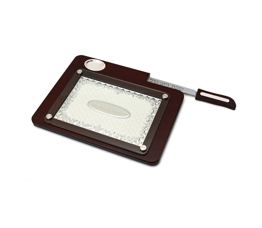 Two Tone Silver Color Challah Board with Knife and Salt Holder