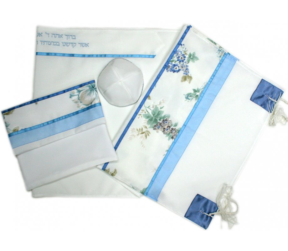 Viscose Tallit Set, Off White with Blue and Green Floral Design - Ronit Gur