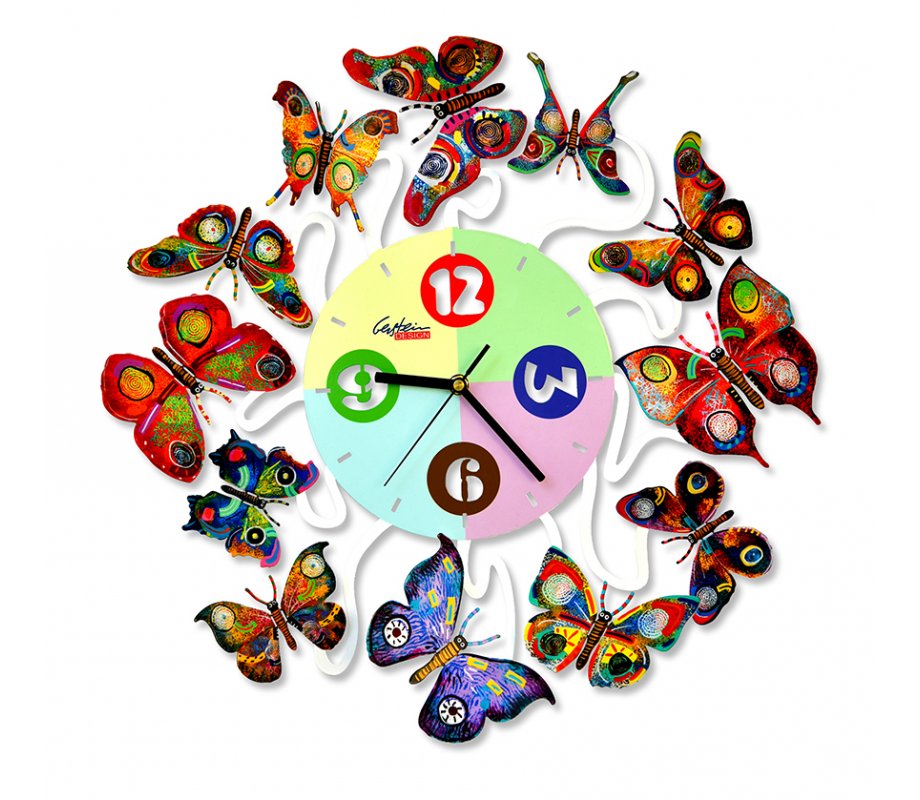 Wall Clock with Frame of Colorful Revolving Butterflies - David Gerstein