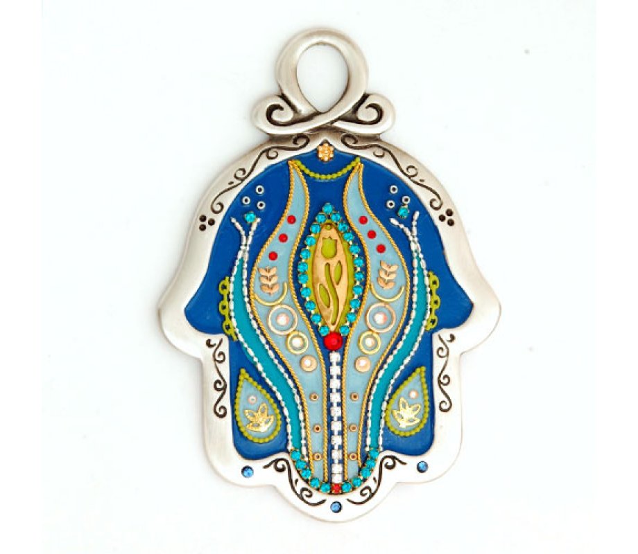 Wall Hamsa by Ester Shahaf in Blue Flower Design