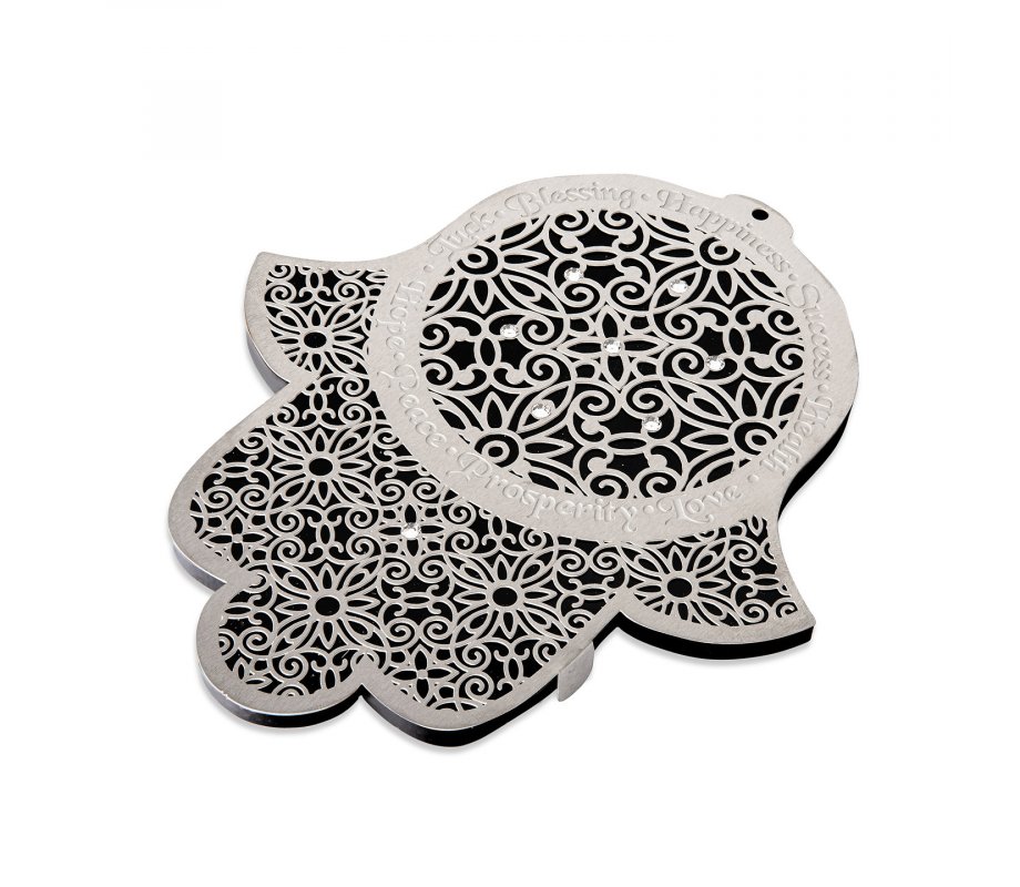 Wall Hamsa with Lace Design & Crystals, English Blessing Words - Dorit Judaica