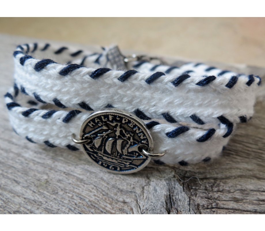 White with Navy Stitching Triple Wrap Men's Bracelet with Oxidized Silver-Plated Coin