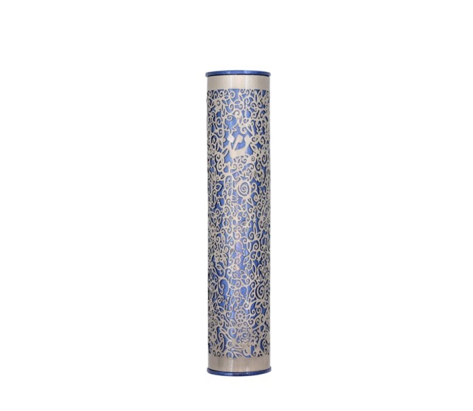 Wide Cutout Rounded Mezuzah Case, Pomegranates in Powder Blue and Silver - Yair Emanuel