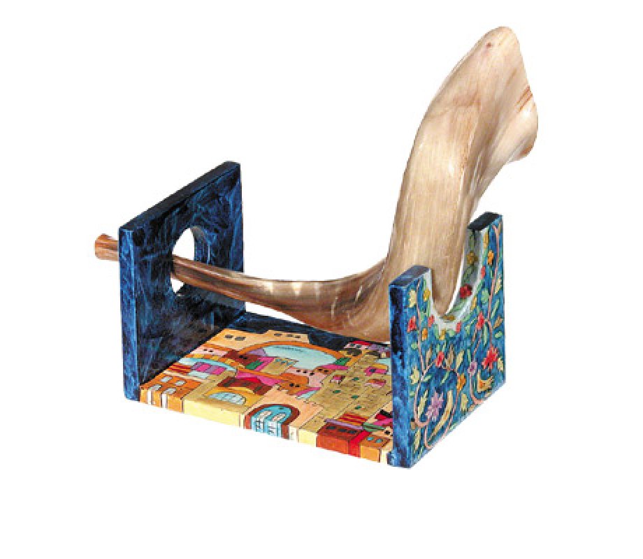 Wood Hand Painted Stand for Small Shofar Ram Horn, Jerusalem Views - Yair Emanuel
