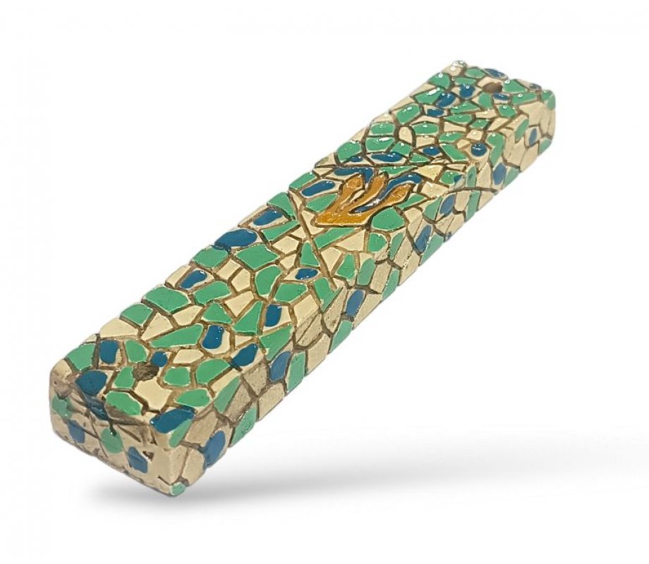 Wood Mezuzah Case with Mosaic Design, Green and Blue Turquoise - Gold Shin