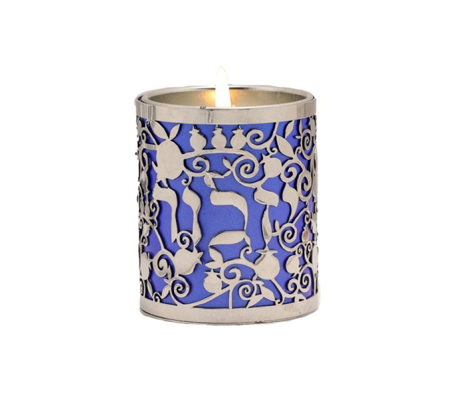 Yahrzeit Memorial Candle Holder with Yizkor & Pomegranates Cutout, Blue - Yair Emanuel