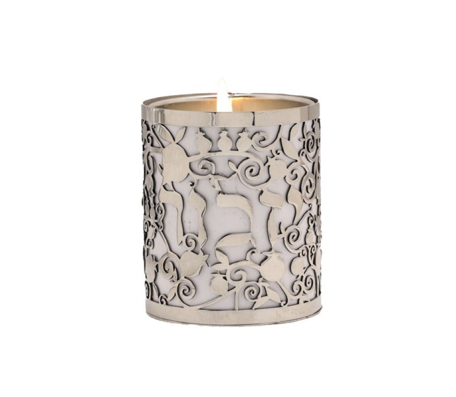 Yahrzeit Memorial Candle Holder with Yizkor & Pomegranates Cutout, Gold - Yair Emanuel